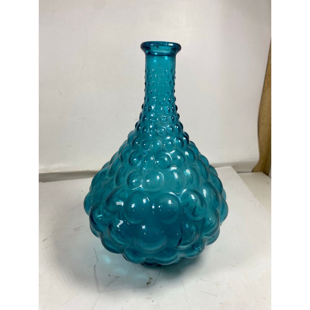 Vintage Empoli Italian Glass Blue Genie Bottle Decanter Bubble Made In Italy